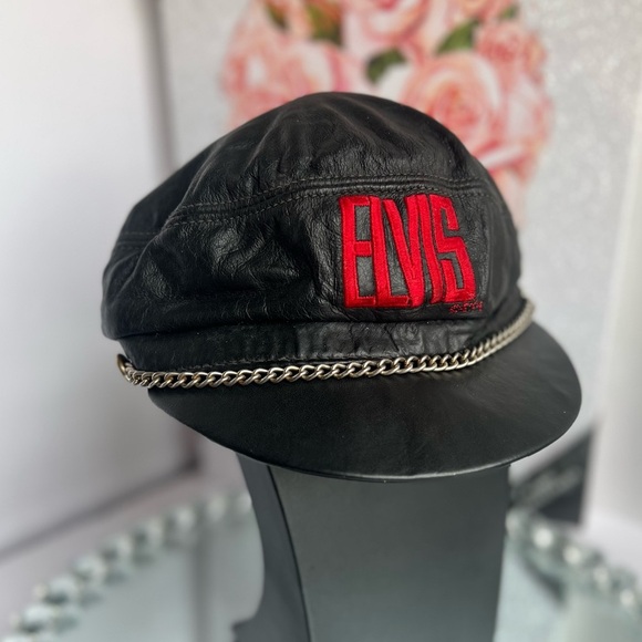 ELVIS Presley vintage Motorcycle Biker Cap Black Leather silver chain  XL - Picture 1 of 8